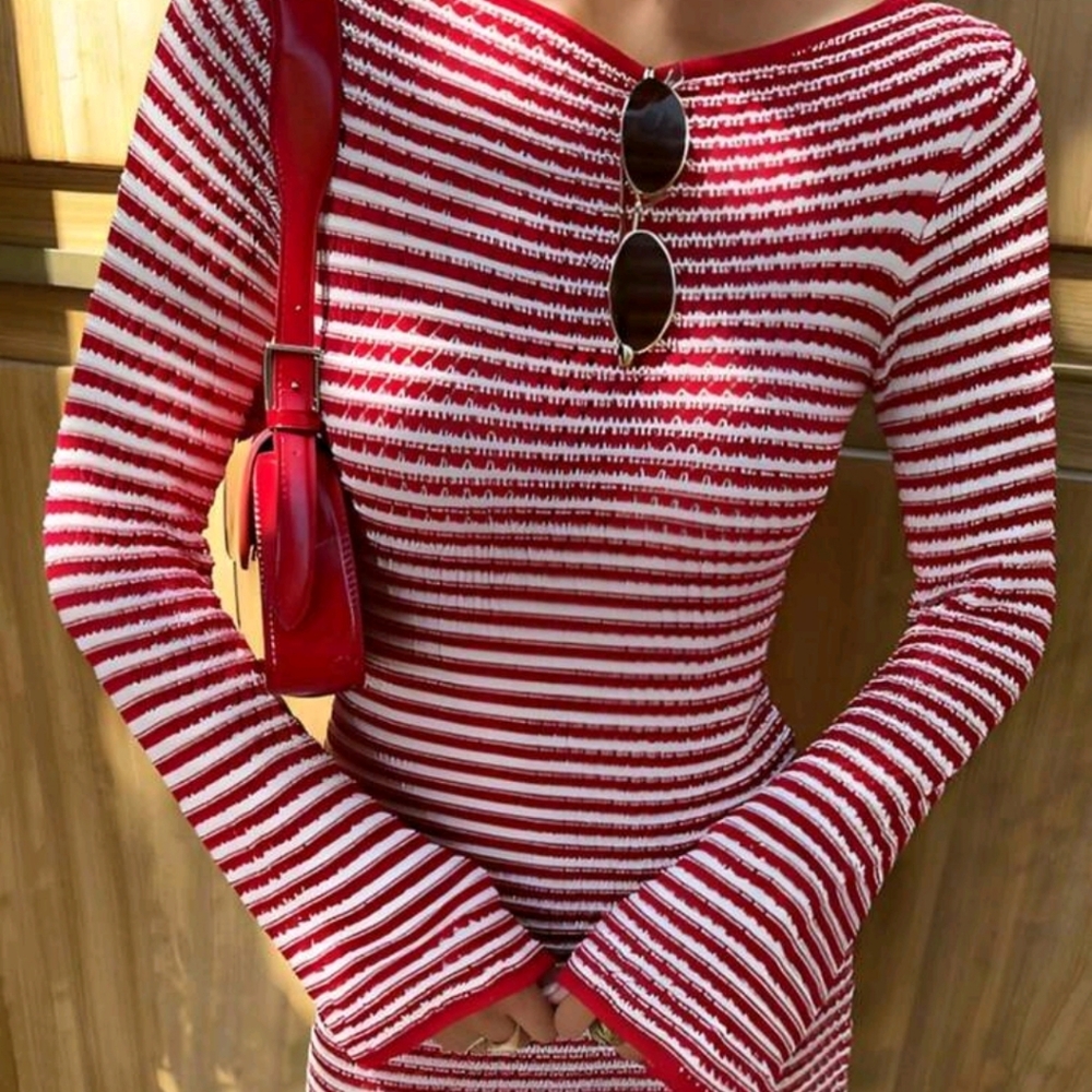 Women's Striped Round Neck Long Sleeve Fitted Mini Dress, Spring & Summer